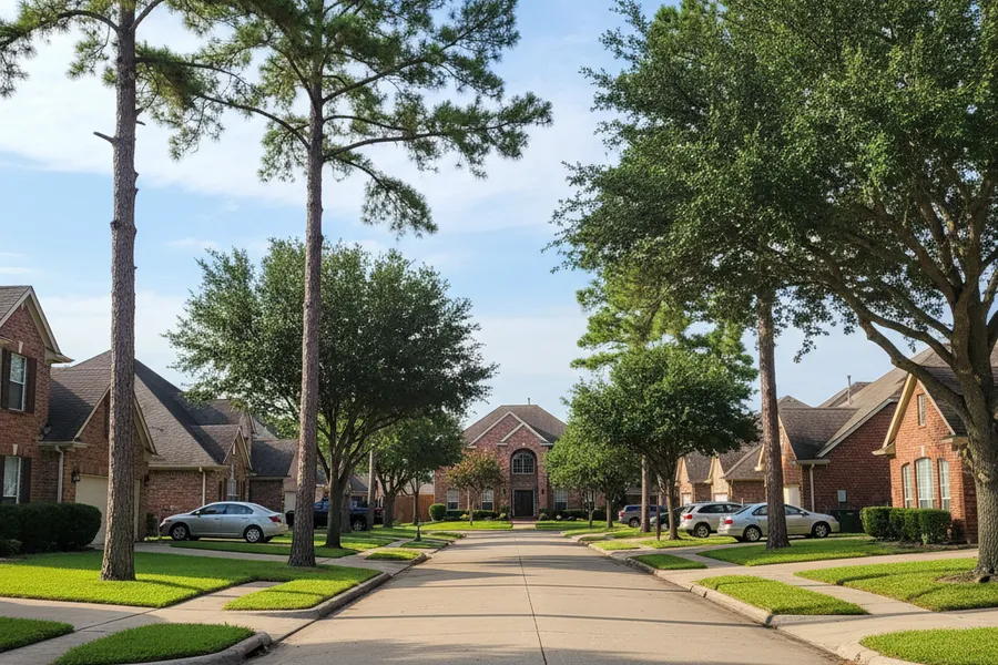 Suburban Spring, Texas neighborhood street with brick homes, mature pine trees, and tidy front lawns