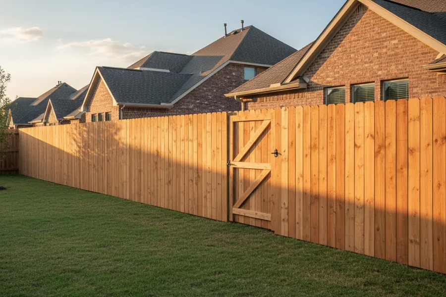 Newly installed wood privacy fence along the backyard of a Spring, Texas suburban home