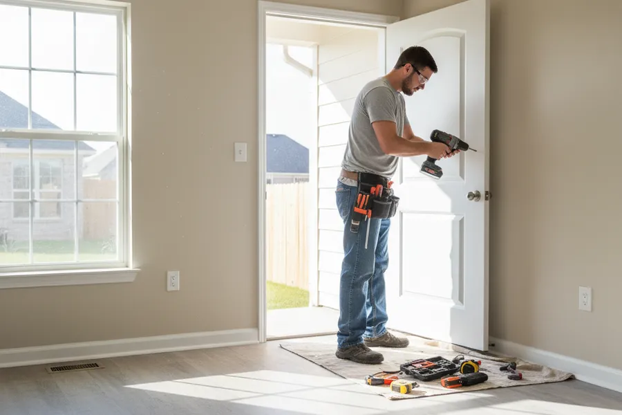 Handyman repairing an interior door inside a Spring, Texas rental home being turned over