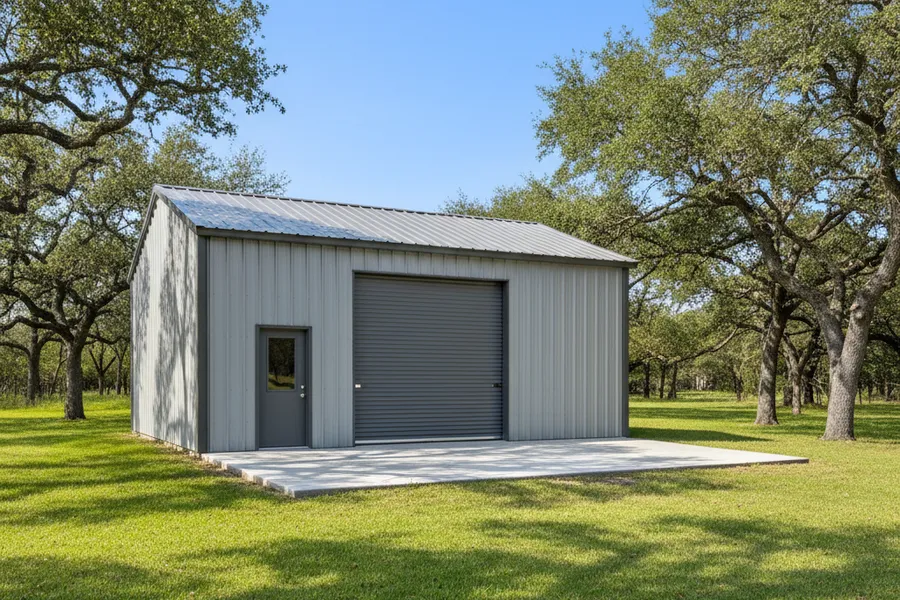 Custom steel workshop building with a roll-up door and a walk door on a residential property in Montgomery, Texas