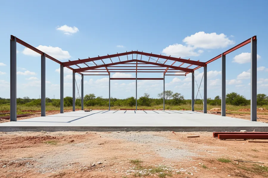 Newly poured level concrete slab foundation with steel framing going up for a workshop near Conroe, Texas