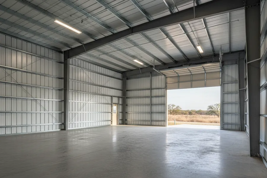 Finished interior of a custom steel workshop with bright overhead lighting and an open work floor in the Greater Houston area