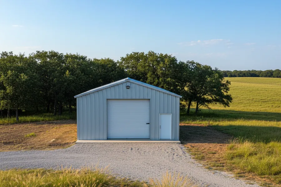 Custom metal storage building with a roll-up door on a rural property near Montgomery, Texas