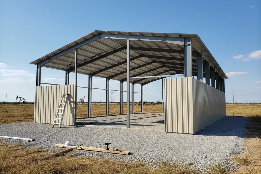 Steel framing and metal wall panels going up during construction of a storage building in the Greater Houston area
