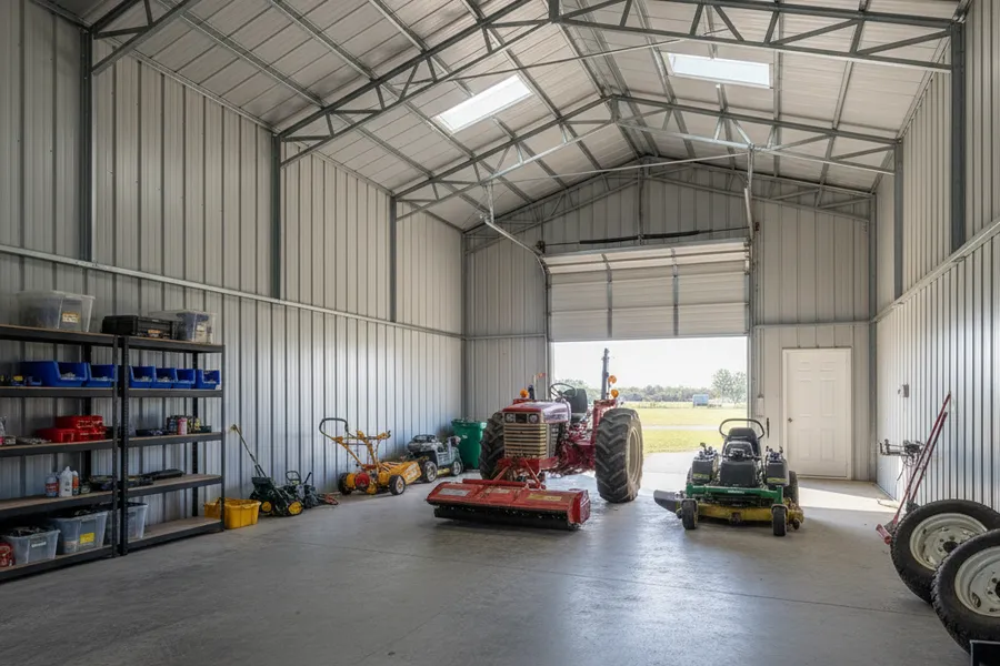 Interior of a steel storage building with a tractor and equipment stored neatly on a rural Texas property