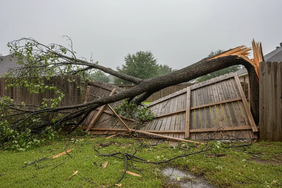 A large fallen tree limb resting across a damaged wooden fence in a Texas backyard after a storm