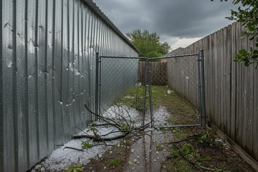 Hail-dented metal panels and scattered storm debris beside a damaged fence on a Texas property
