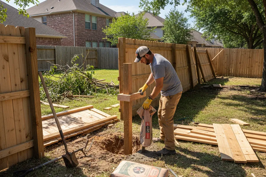 A construction crew member rebuilding a storm-damaged wooden fence and setting a new post in a Texas yard