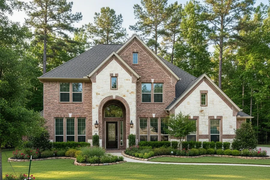 Well-kept single-family home with manicured landscaping and tall pines in a forested The Woodlands, Texas neighborhood