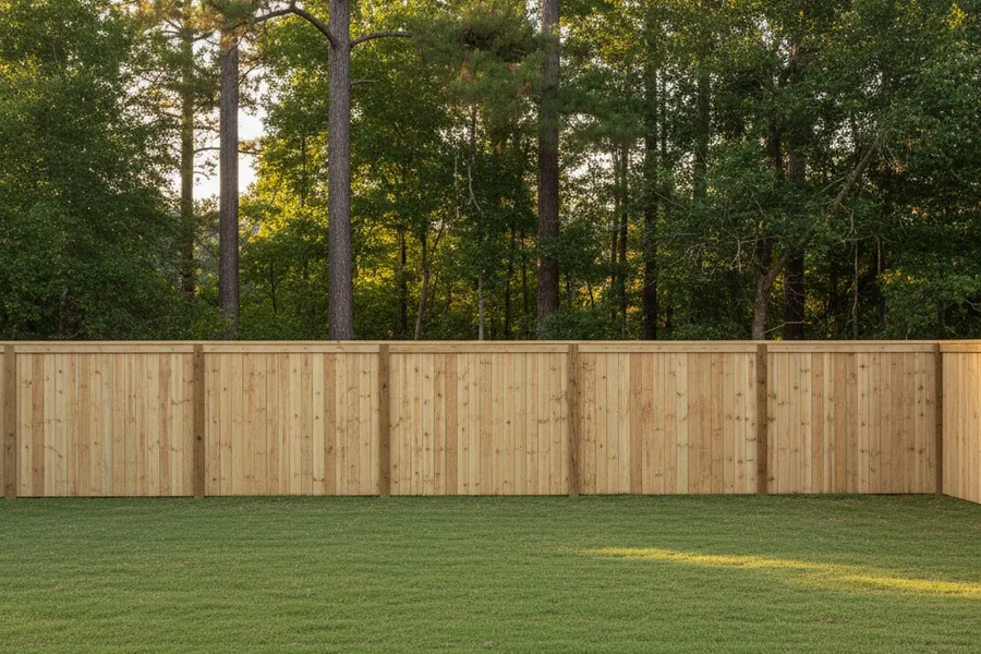 New wood privacy fence freshly installed along the back of a residential property among pine trees in Texas