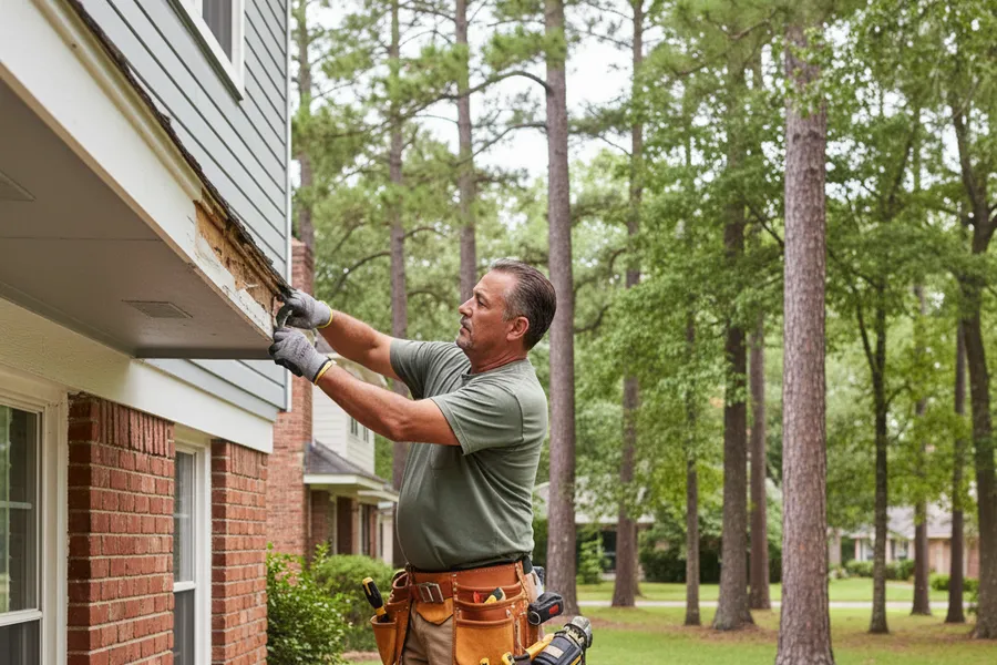 Experienced crew member in work gear repairing trim on the exterior of a Texas home with pine trees nearby