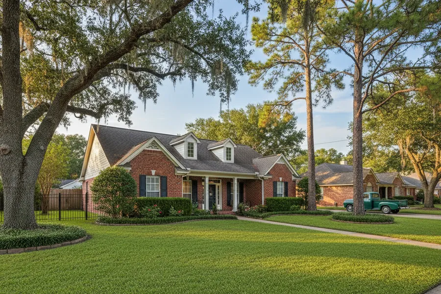 Established Texas home on a mature tree-lined street in Tomball with a tidy front lawn