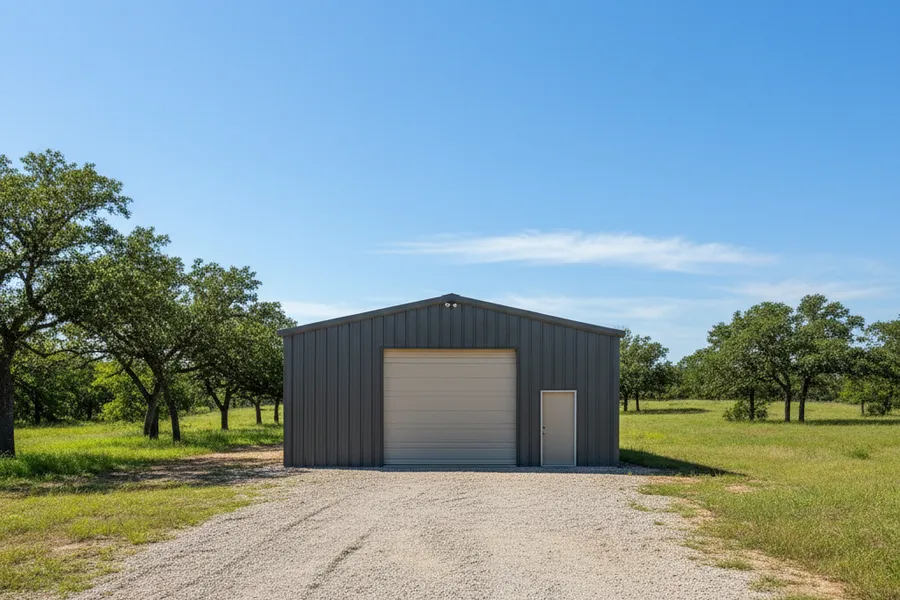 Custom metal workshop building on a rural Texas property near open land