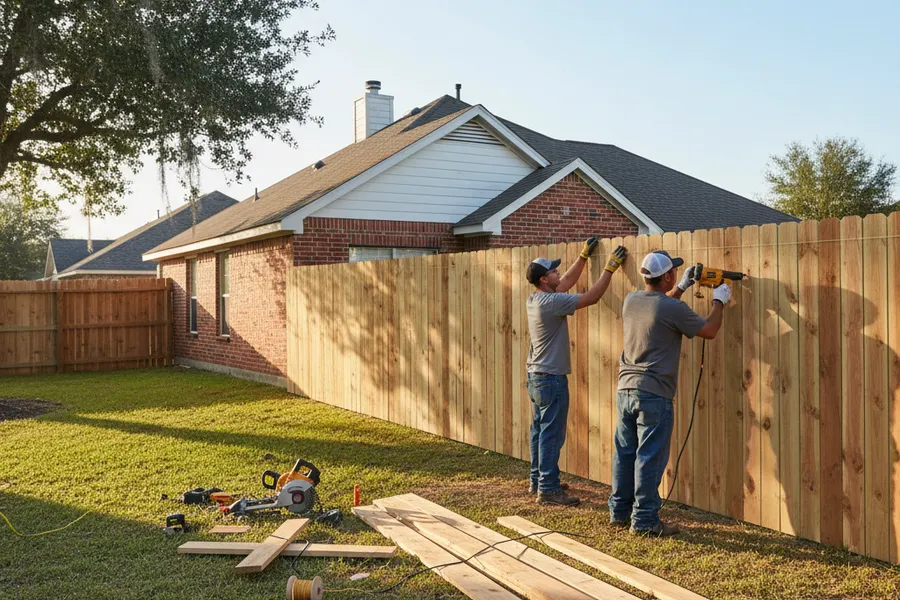Fencing crew installing a new wood privacy fence in a Texas residential backyard