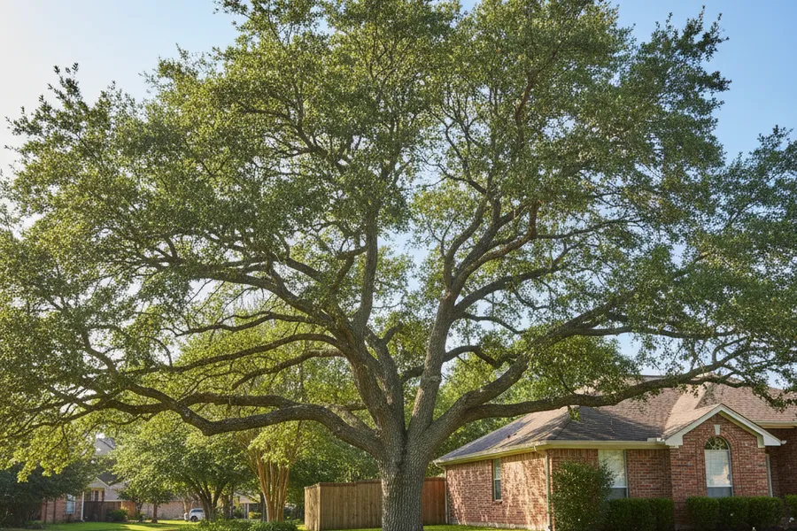 A mature live oak in a Texas residential yard with a balanced, recently trimmed canopy and clear space above the roofline