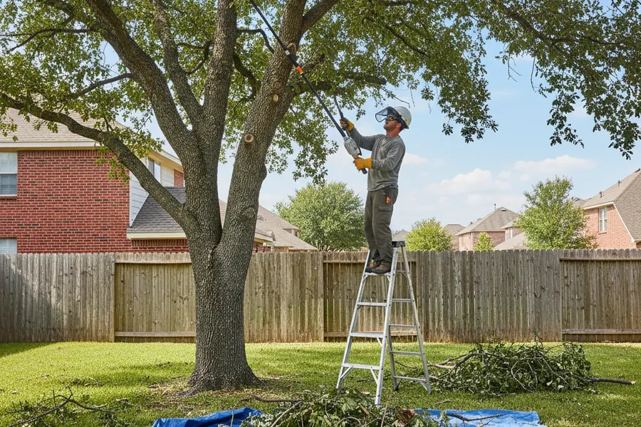 A crew member in safety gear making a clean cut on a tree limb in a Texas backyard with brush gathered neatly for removal