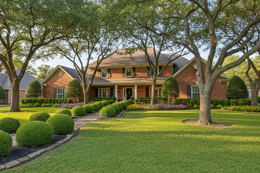 A tidy Texas residential property after professional tree trimming, with cleanly shaped hedges, a clear lawn, and well-balanced trees