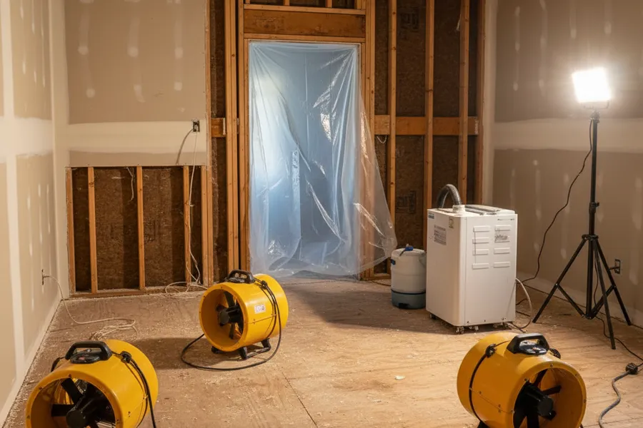 Air movers and a dehumidifier drying out a Texas room with removed drywall and exposed framing
