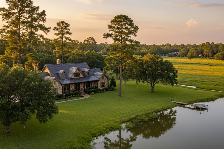 Rural lakeside property near Willis, Texas with mature trees, open land, and a residential home