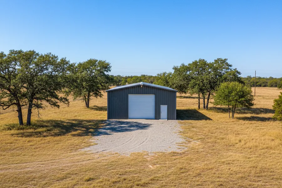 Custom metal building and workshop on a rural acreage property near Willis, Texas