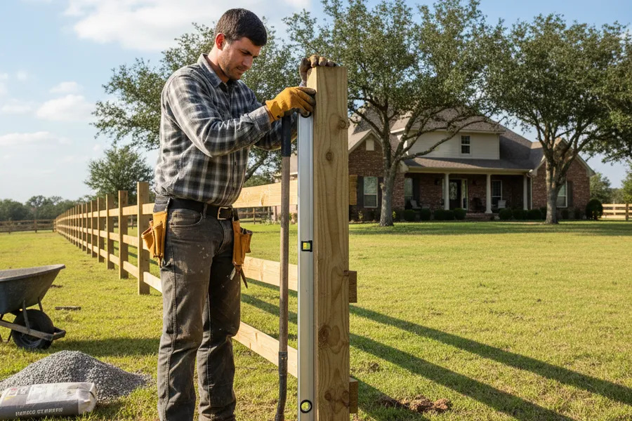 Local contractor crew member installing a wood fence on a residential property in the Willis, Texas area