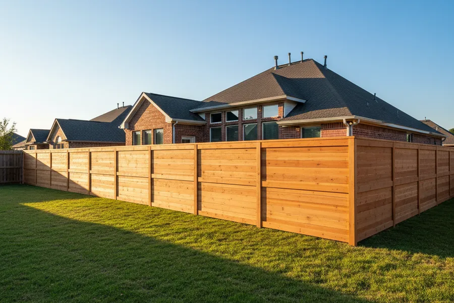 A new cedar privacy fence enclosing a residential backyard in a Texas neighborhood