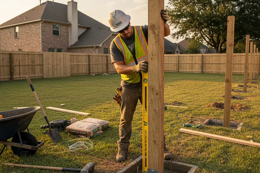 Terracotta Construction crew setting fence posts in concrete footings