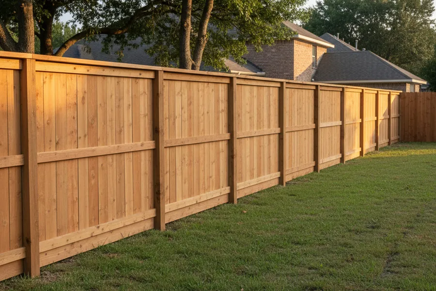 New cedar wood privacy fence installed in a Texas backyard