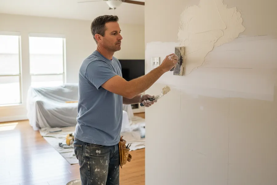 Handyman patching and finishing drywall inside a Texas home