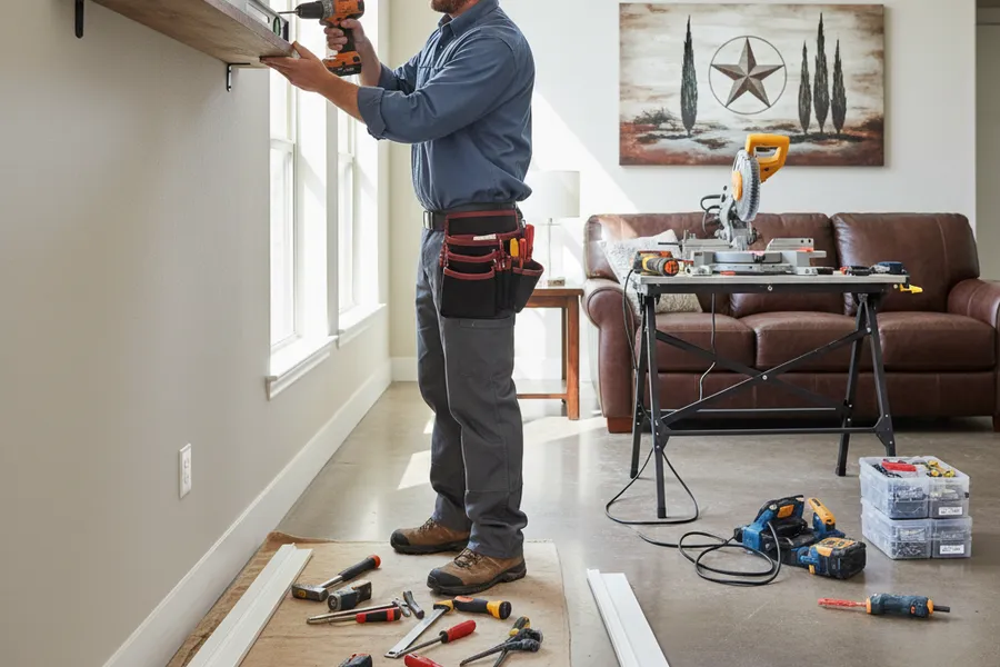 Handyman mounting fixtures and doing carpentry work