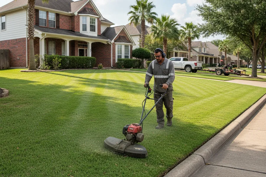 Professional lawn mowing and edging on a Texas residential lawn