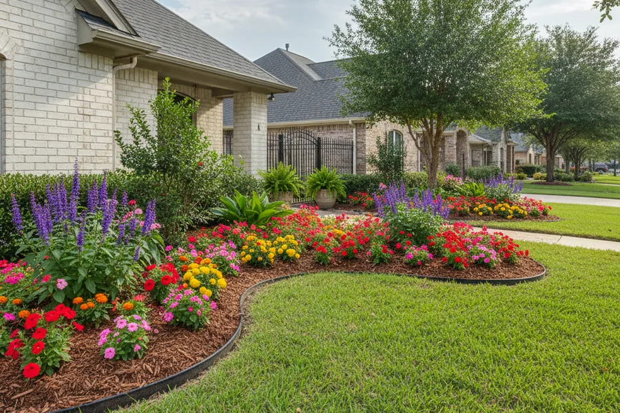Freshly mulched flower beds at a Texas home