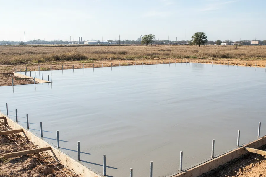 Freshly poured and finished concrete slab foundation ready for a metal building in Texas