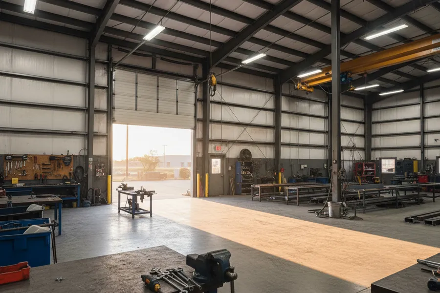 Custom steel workshop metal building on a Texas property